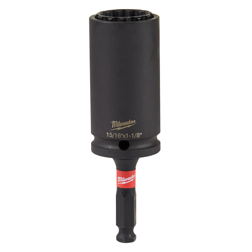 Black Milwaukee Shockwave socket with 12-point opening and red band on bit holder, labeled 15/16"x1-1/8".