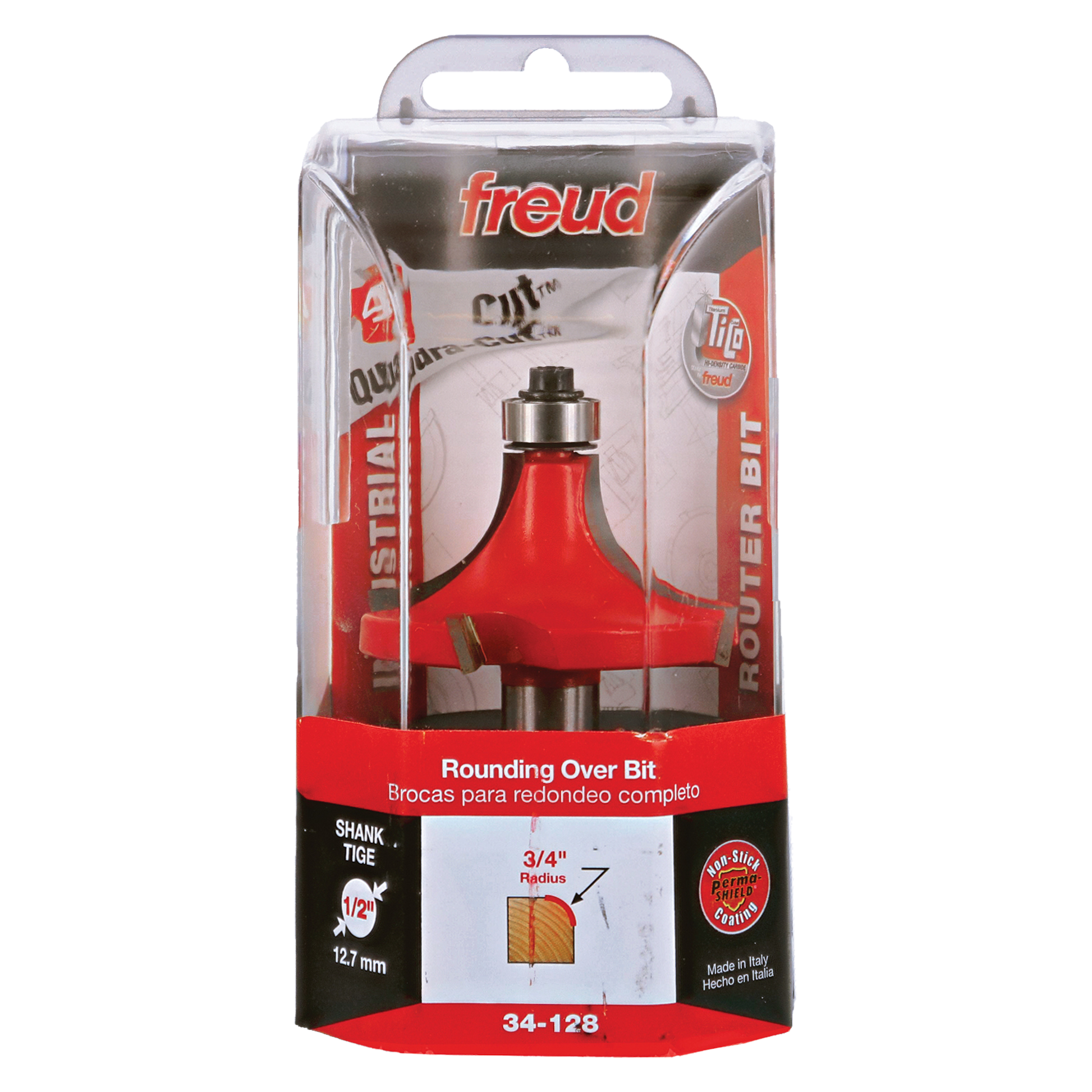 Freud 3/4" radius rounding over bit with red body, metal shank, and cutting edges in clear plastic packaging.