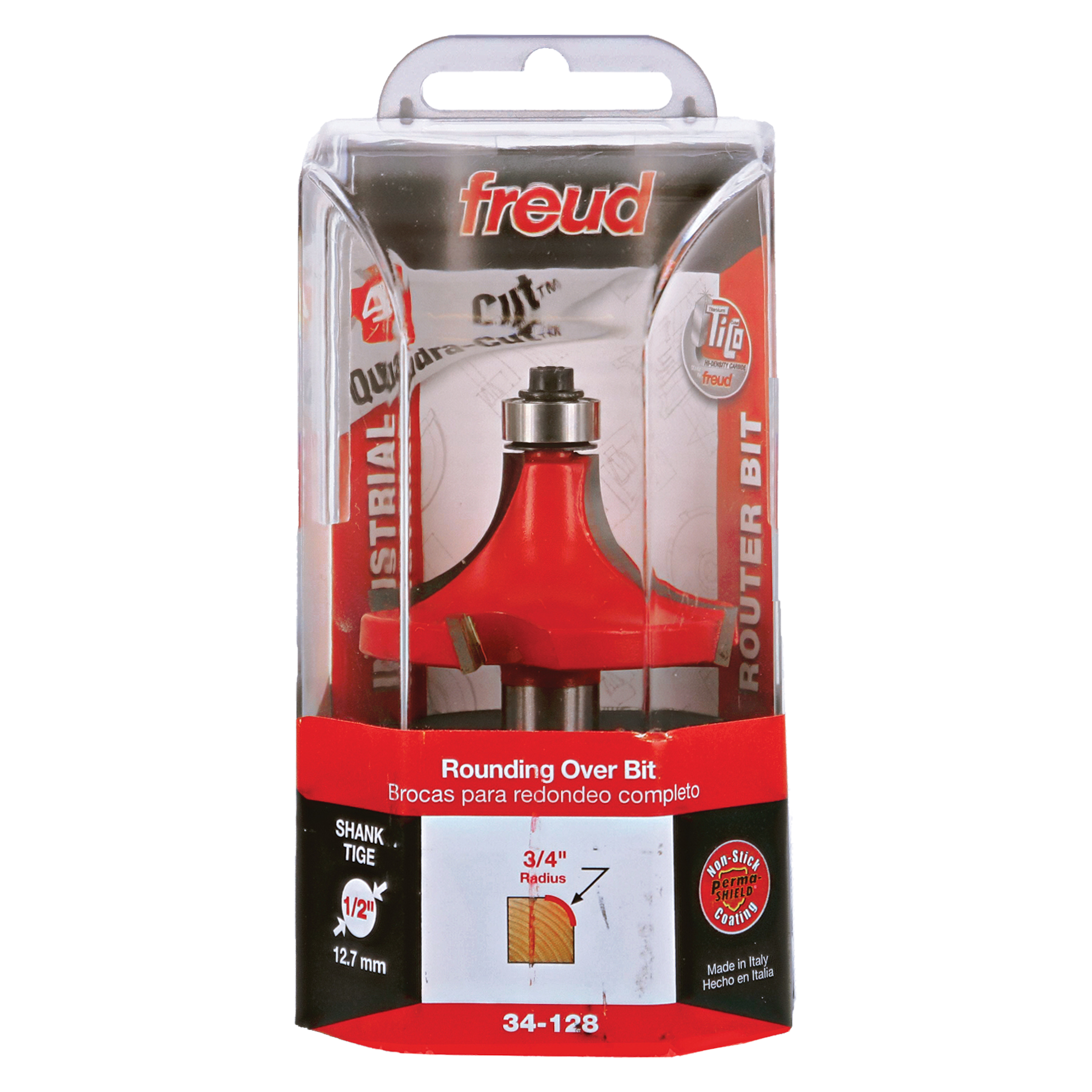 Freud 3/4" radius rounding over bit with red body, metal shank, and cutting edges in clear plastic packaging.