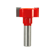 Red mortising bit with metal cutting head and cylindrical shank for woodworking applications.