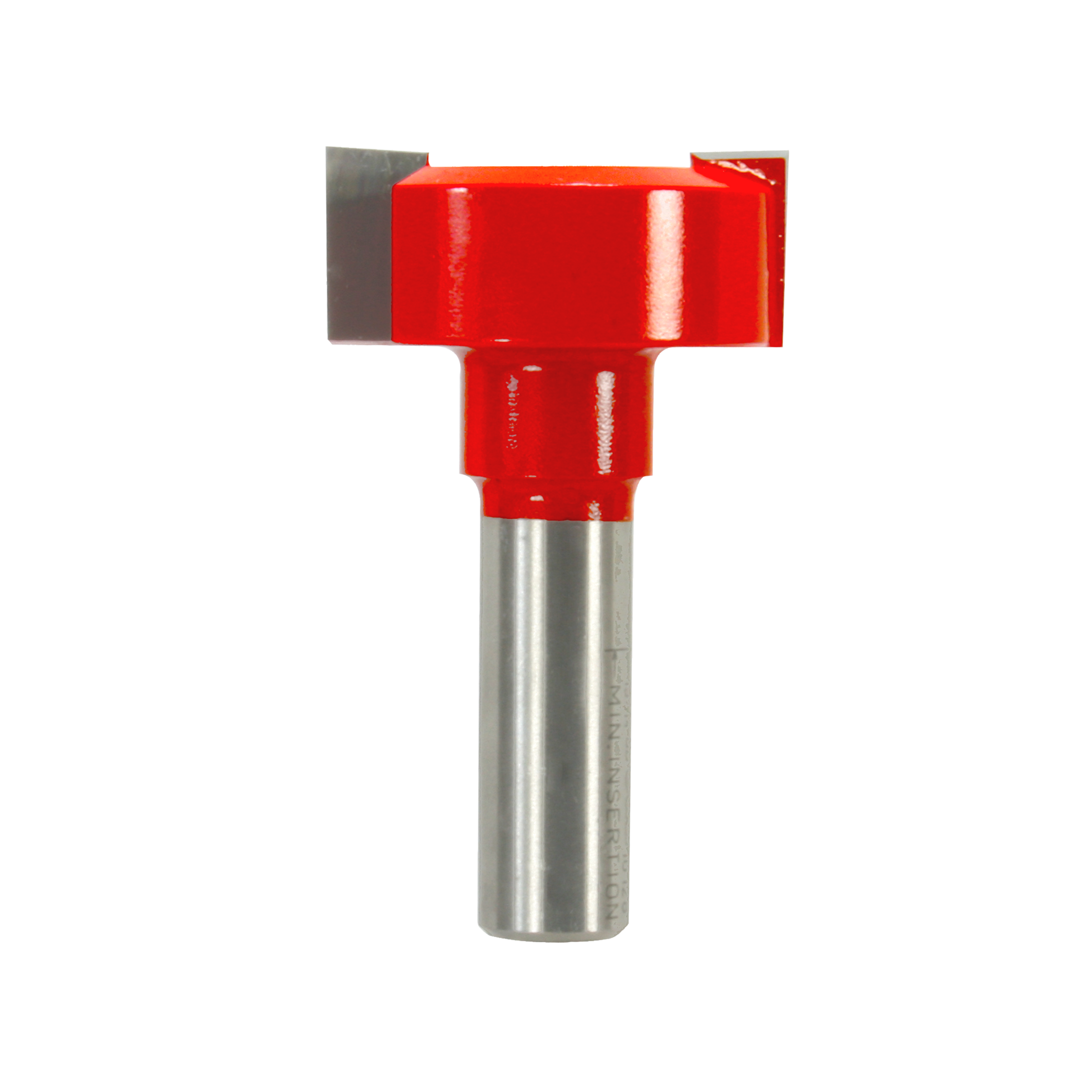 Red mortising bit with metal cutting head and cylindrical shank for woodworking applications.