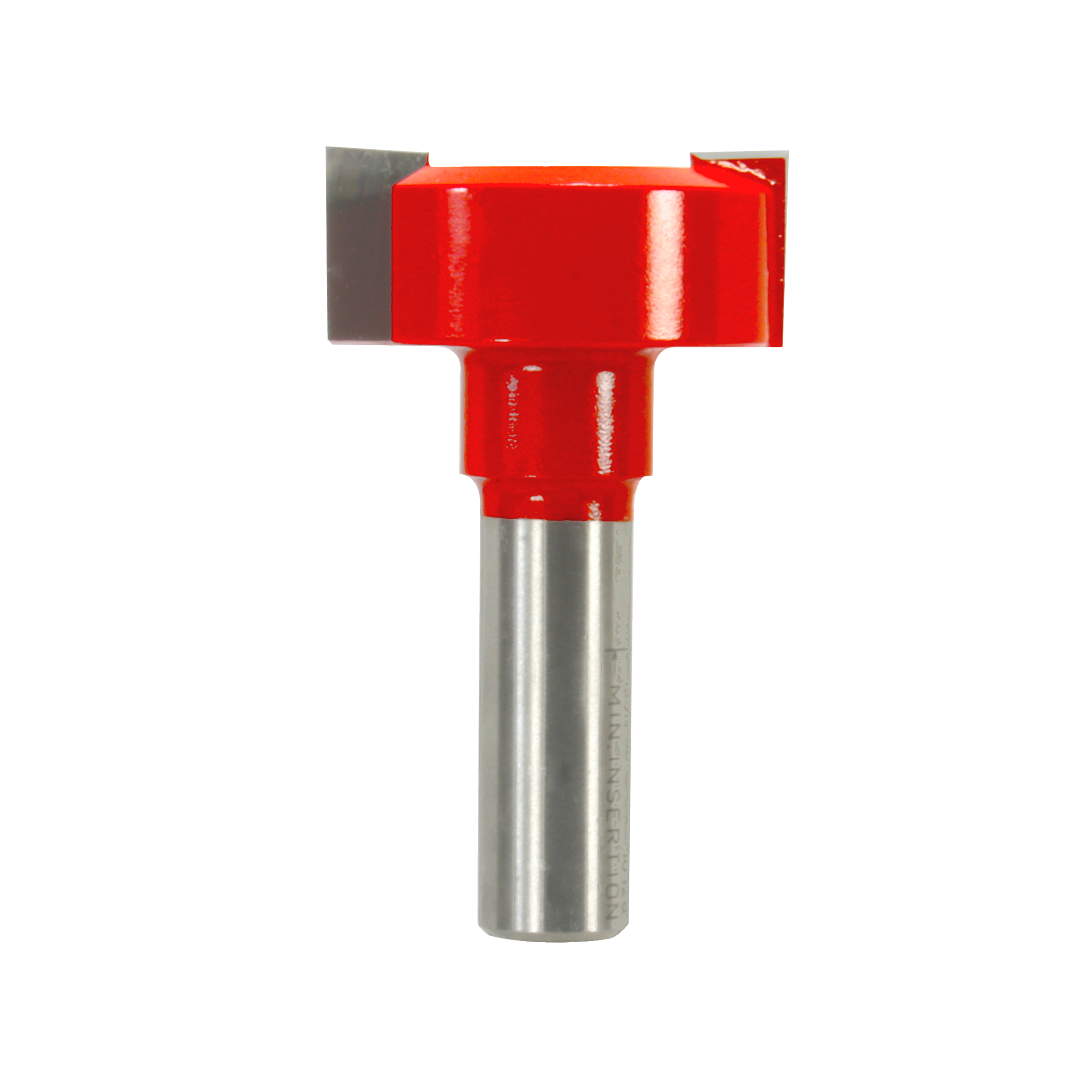 Red mortising bit with metal cutting head and cylindrical shank for woodworking applications.