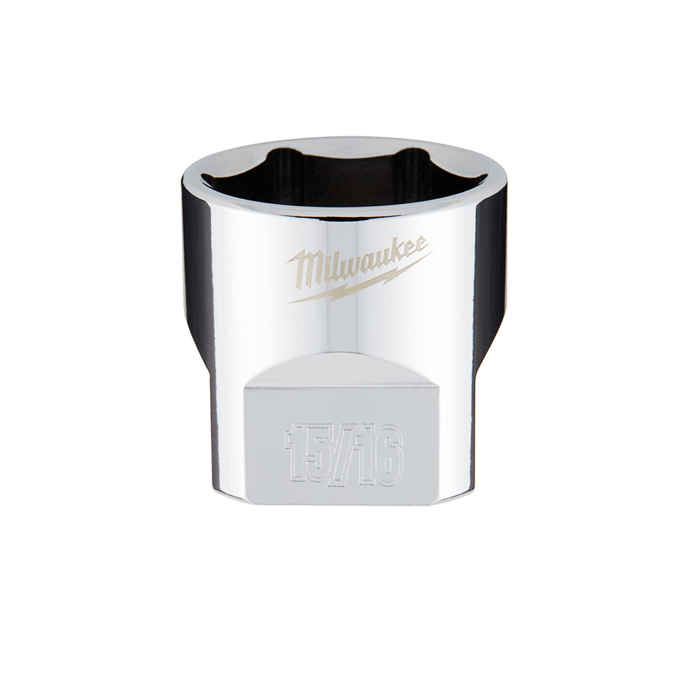 Milwaukee 3/8 in. drive 15/16 in. SAE 6-point socket with chrome finish and black grip sides.