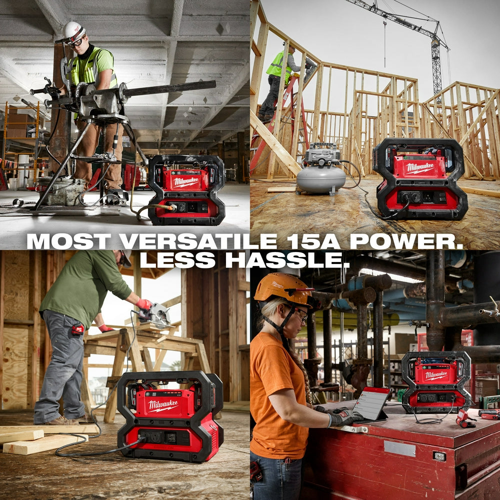 Milwaukee M18 CARRY-ON power supply units in red and black, shown in construction and job site settings.
