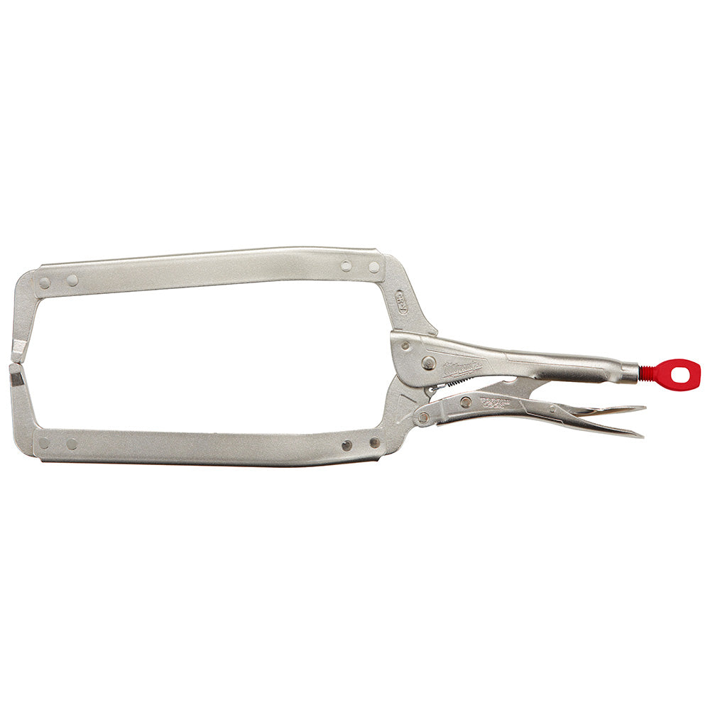 Silver metal locking clamp with rectangular frame, regular jaws, and red handle lever on right side.