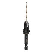 Metal countersink bit with spiral flutes and black cylindrical body with 9/64 inch drill bit attached.