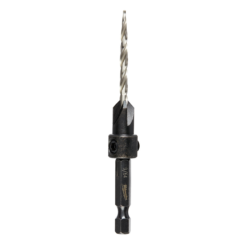 Metal countersink bit with spiral flutes and black cylindrical body with 9/64 inch drill bit attached.