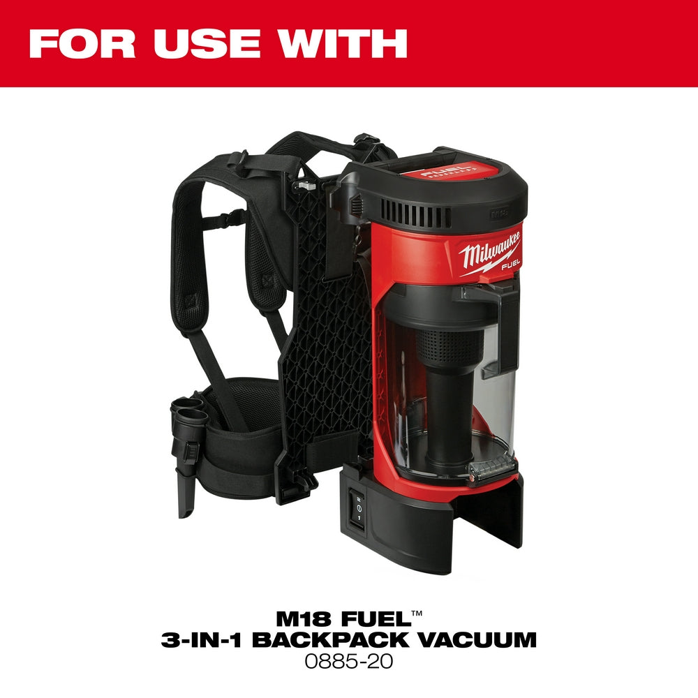 White cylindrical HEPA filter with black end caps and threaded connections for Milwaukee backpack vacuum systems.