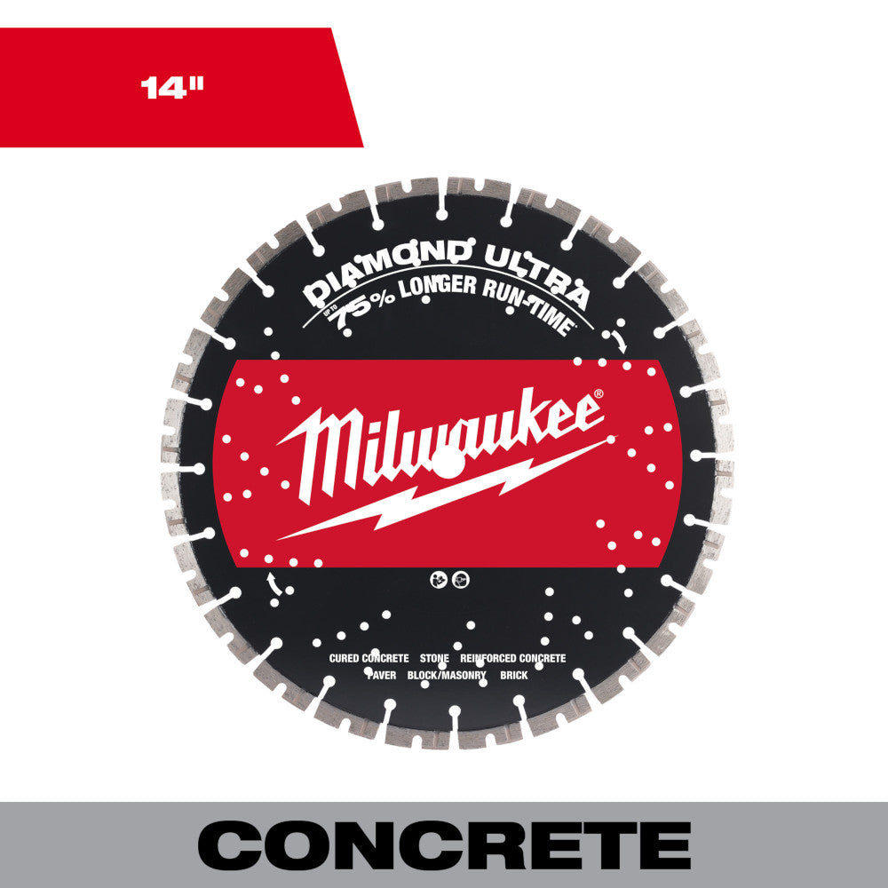 14-inch Milwaukee Diamond Ultra segmented saw blade with black and red label for concrete cutting.