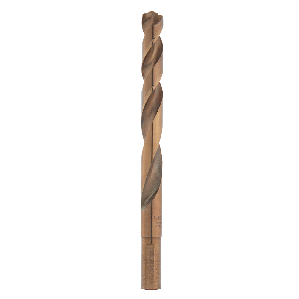 Cobalt twist drill bit with bronze finish, fluted design, and cylindrical shank shown vertically against white background.