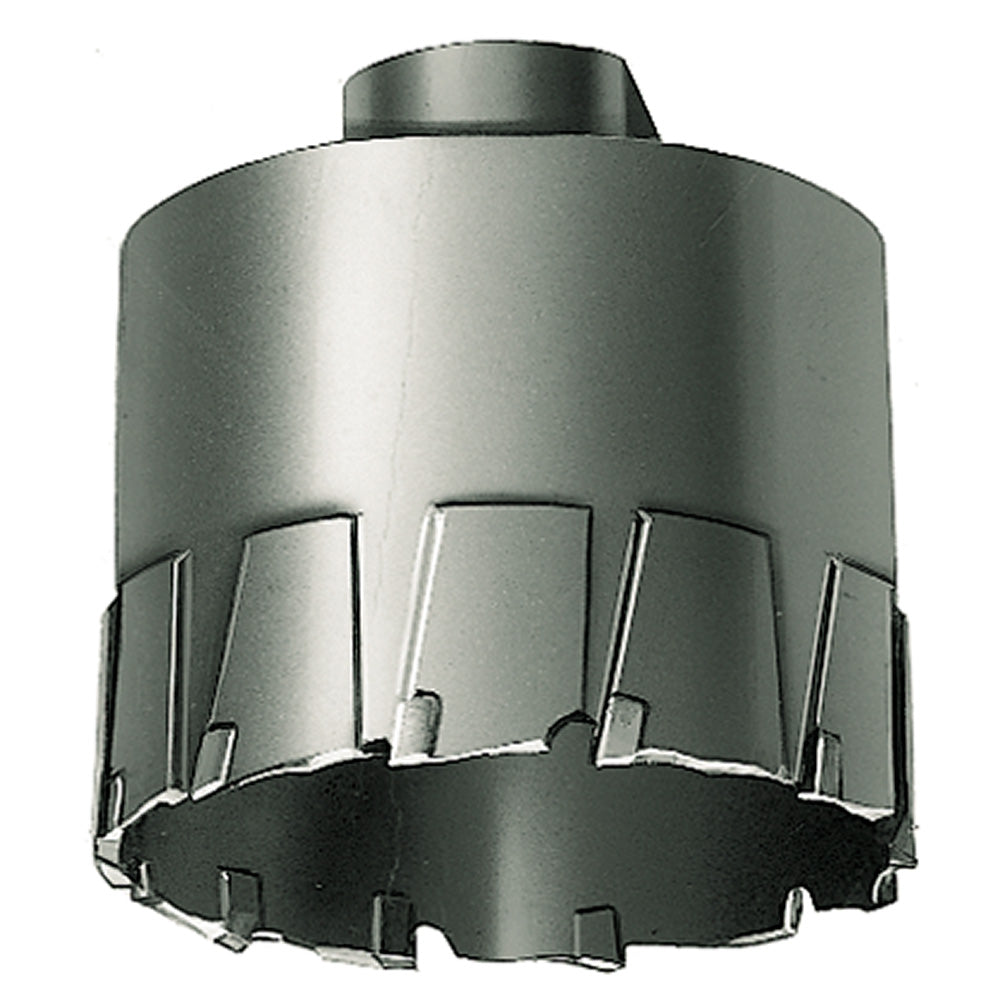 Steel hawg cutter with threaded shank and cutting teeth around bottom edge.