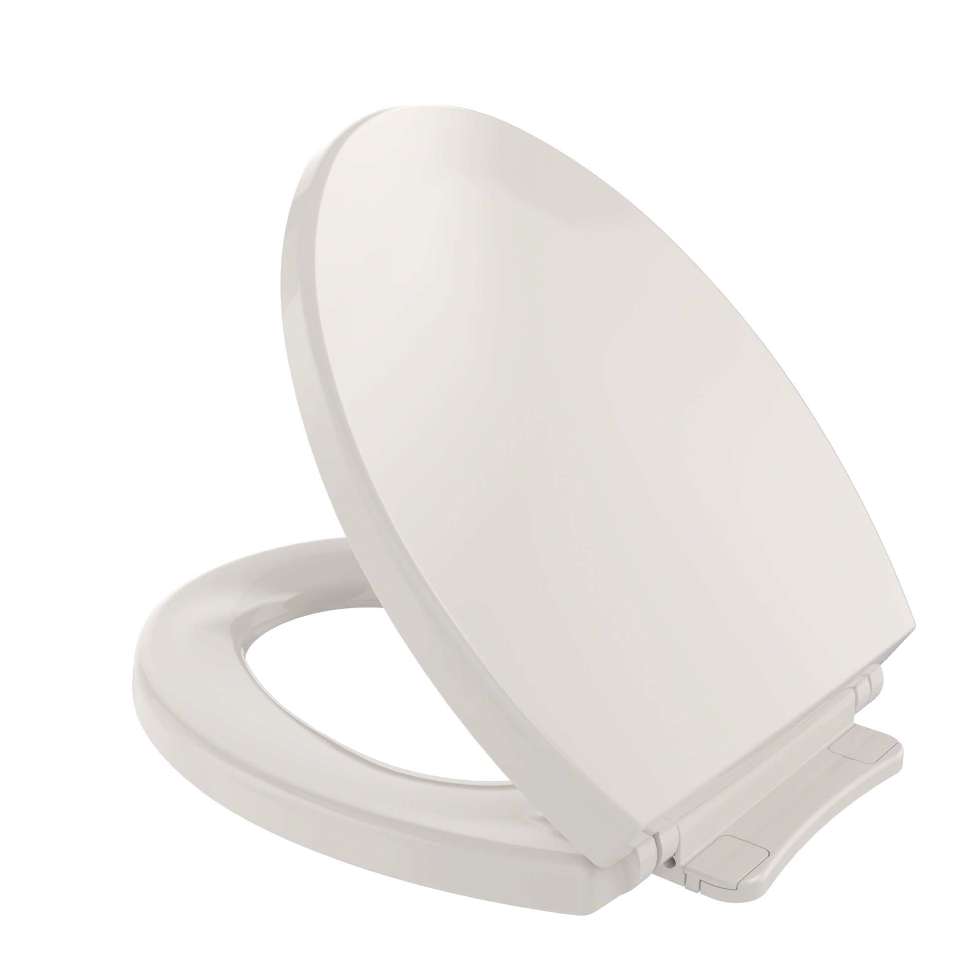 Round toilet seat and lid in sedona beige with closed lid positioned at an angle showing the seat below.