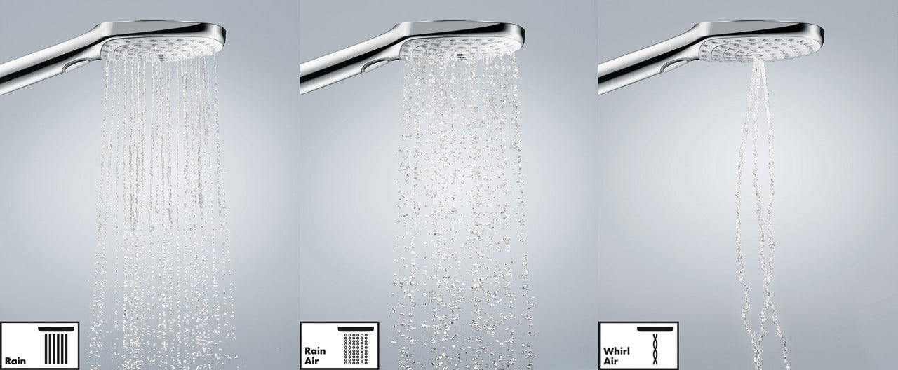 Chrome thermostatic shower head with three spray patterns: rain, rain-air, and whirl settings.