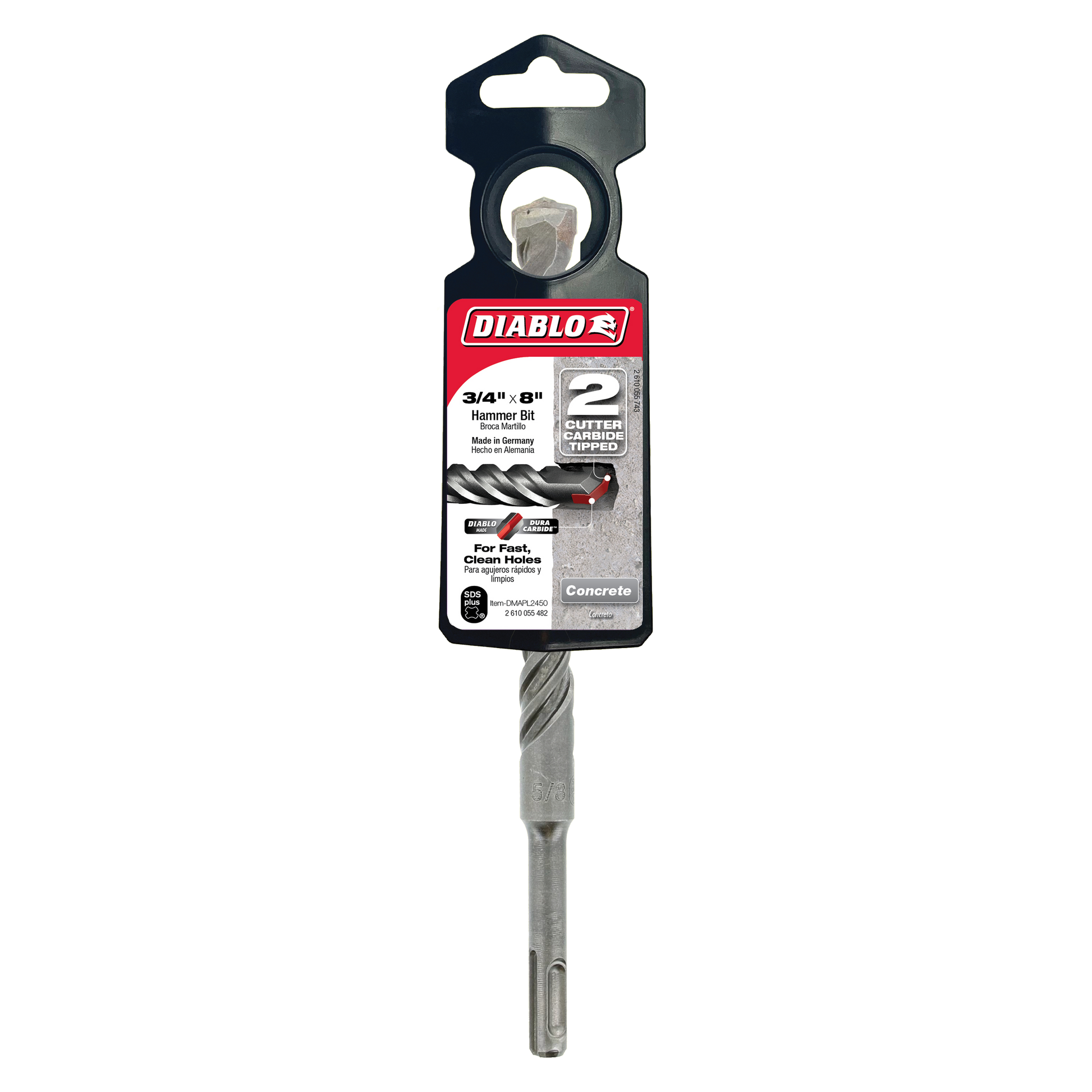 Diablo SDS-Plus hammer drill bit with 2-cutter design attached to black packaging card with red Diablo label.