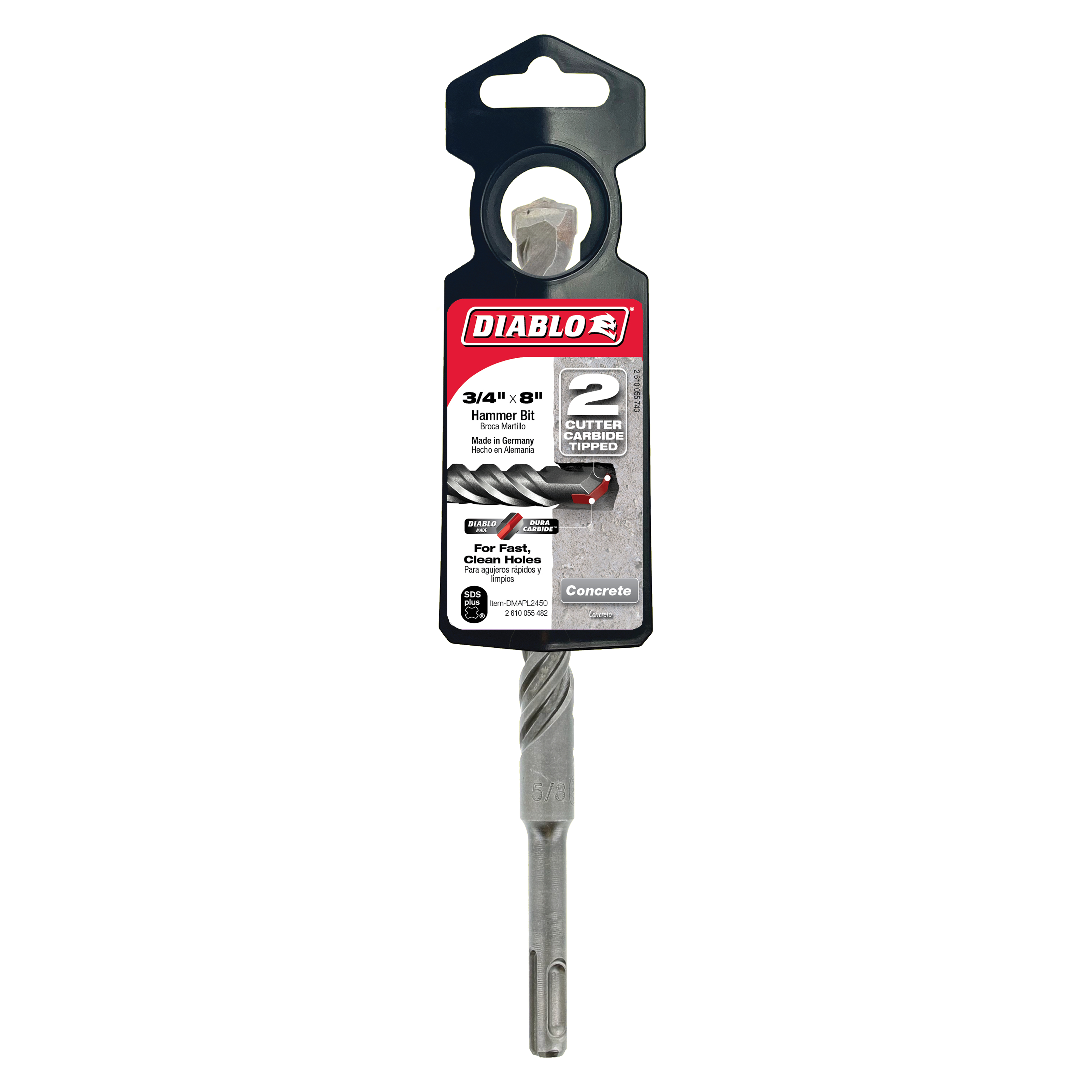 Diablo SDS-Plus hammer drill bit with 2-cutter design attached to black packaging card with red Diablo label.