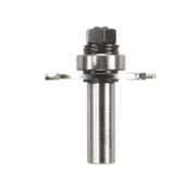 Metal router bit with hexagonal collet at top, cylindrical shaft, and two flat slotting cutters extending horizontally from b