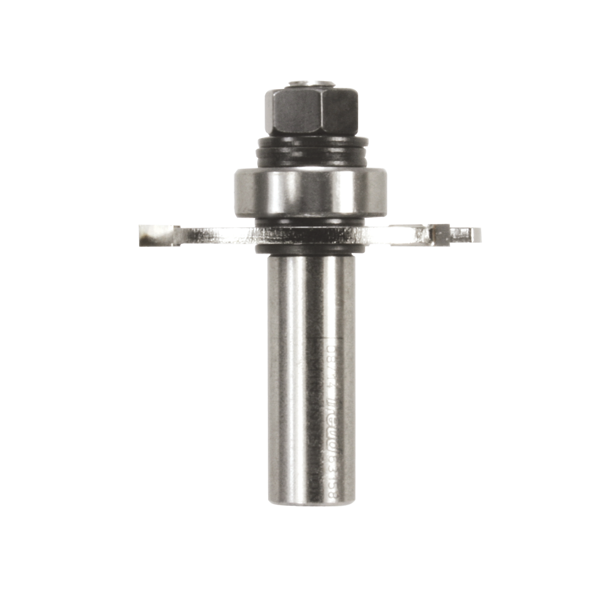 Metal router bit with hexagonal collet at top, cylindrical shaft, and two flat slotting cutters extending horizontally from b
