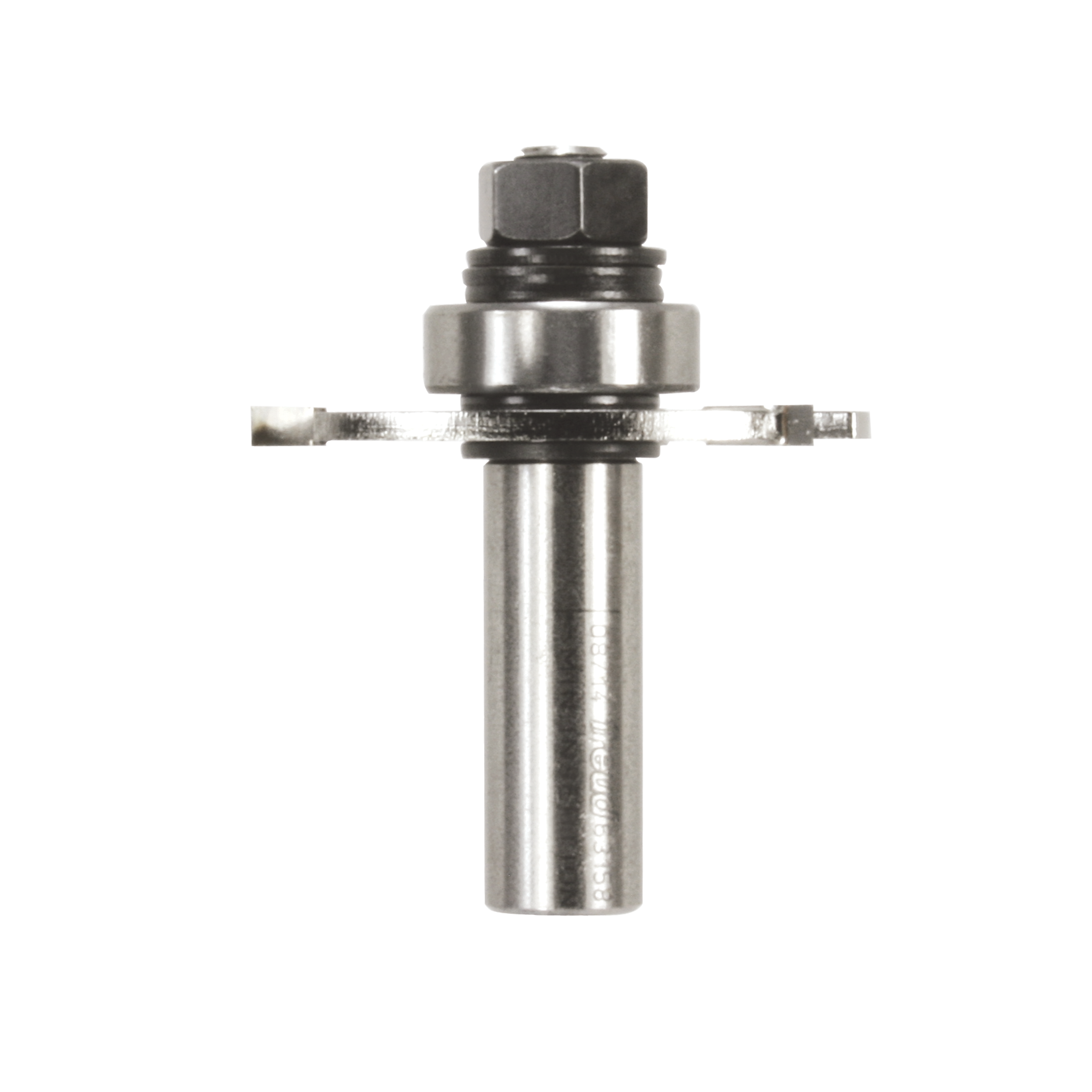 Metal router bit with hexagonal collet at top, cylindrical shaft, and two flat slotting cutters extending horizontally from b