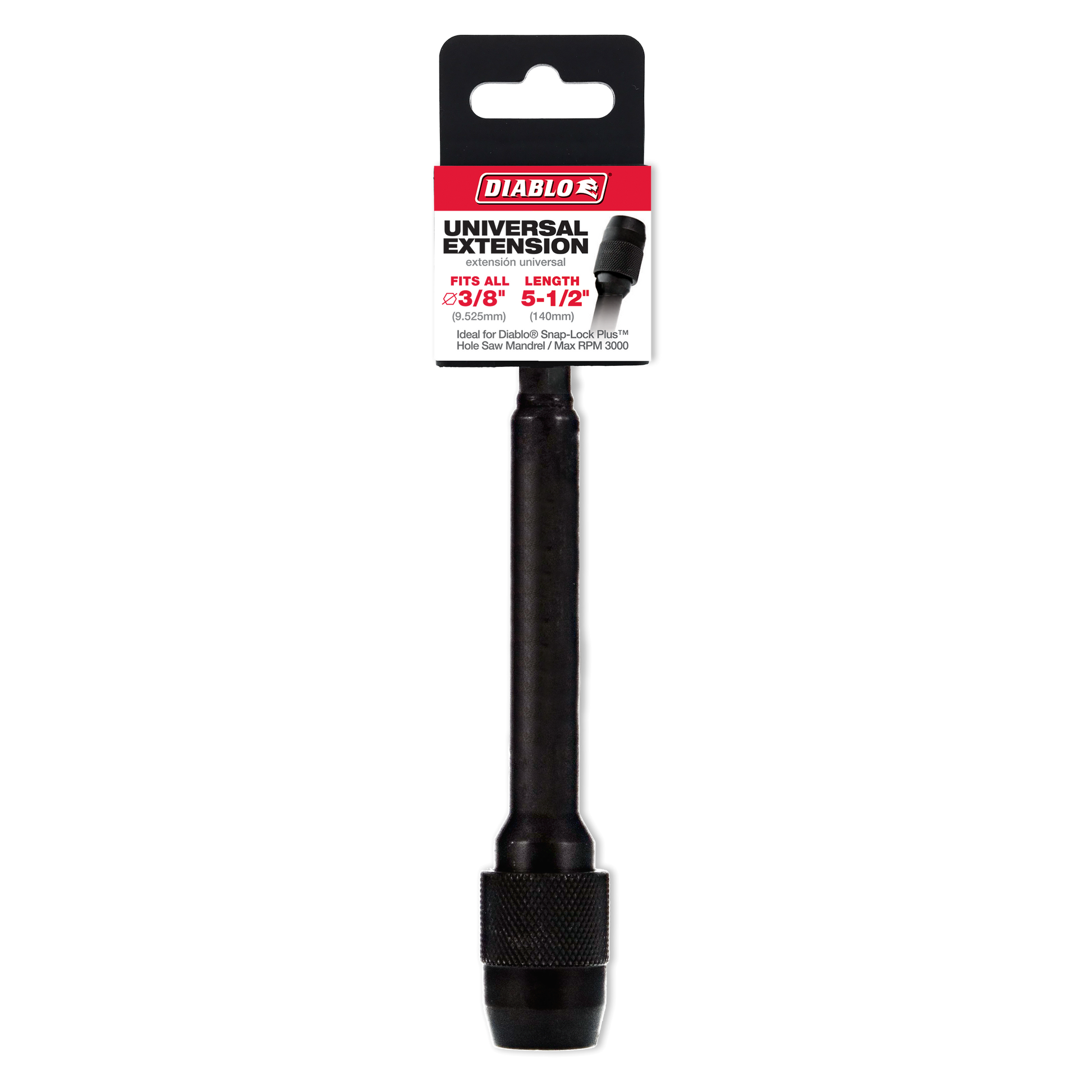 Black Diablo universal extension with textured grip collar and packaging label showing 5-1/2 inch length and 3/8 inch diamete