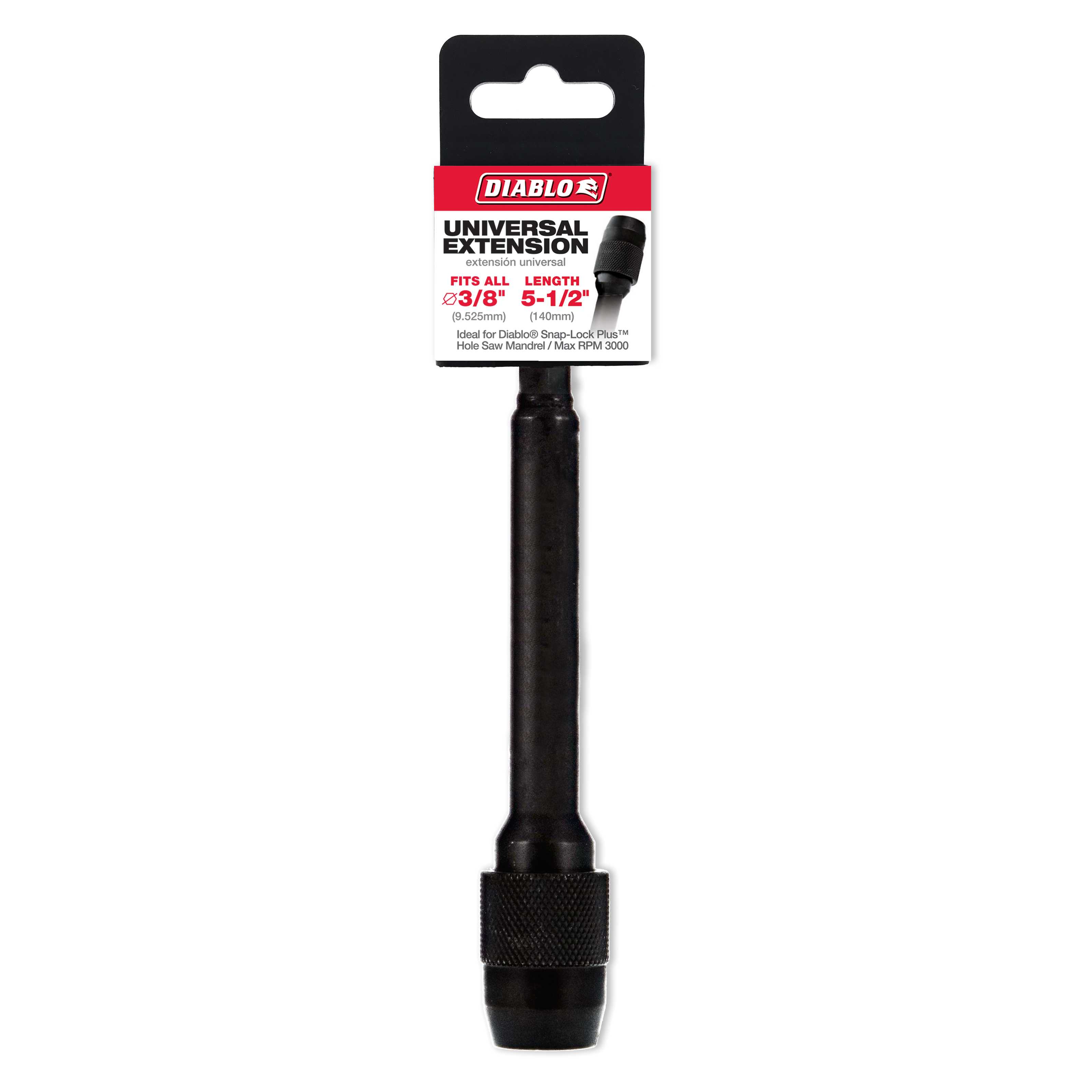 Black Diablo universal extension with textured grip collar and packaging label showing 5-1/2 inch length and 3/8 inch diamete