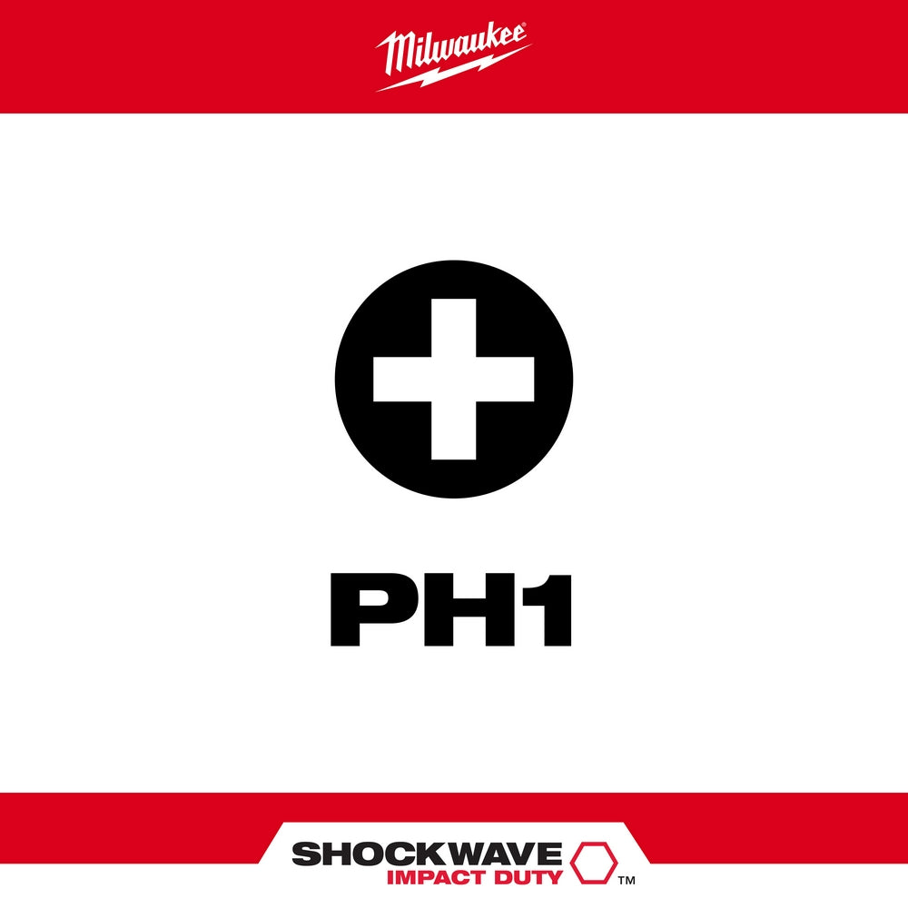 Phillips #1 insert bit with circular black icon and "PH1" label on white background with Milwaukee and Shockwave branding.