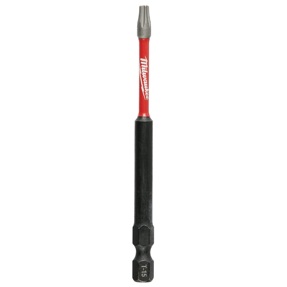 Milwaukee Shockwave T15 Torx power bit with red shaft, black grip, and gray metal tip.