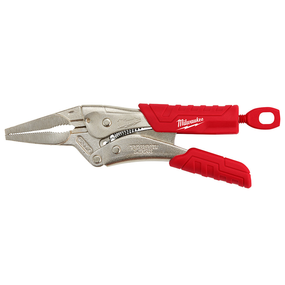 Milwaukee 6-inch long nose locking pliers with metal jaw, red grip handles, and adjustment screw.