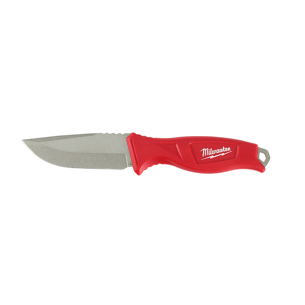 Milwaukee fixed blade knife with red handle and stainless steel blade.