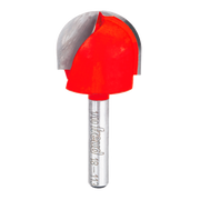 Red round nose router bit with 1/2" radius and gray metal shank labeled Freud.