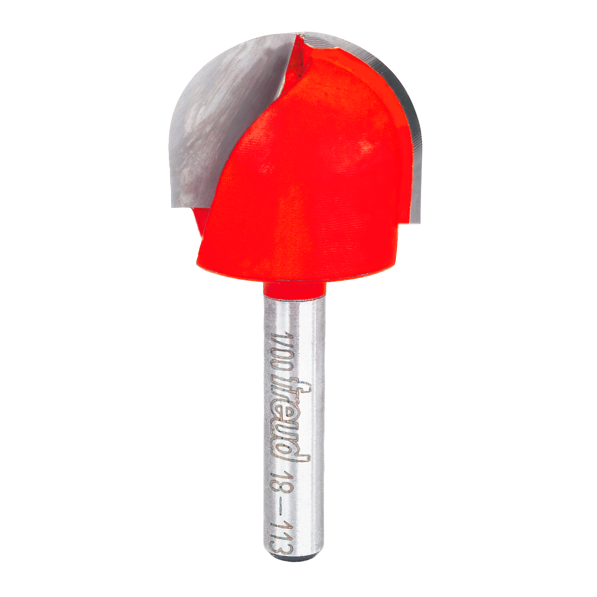 Red round nose router bit with 1/2" radius and gray metal shank labeled Freud.