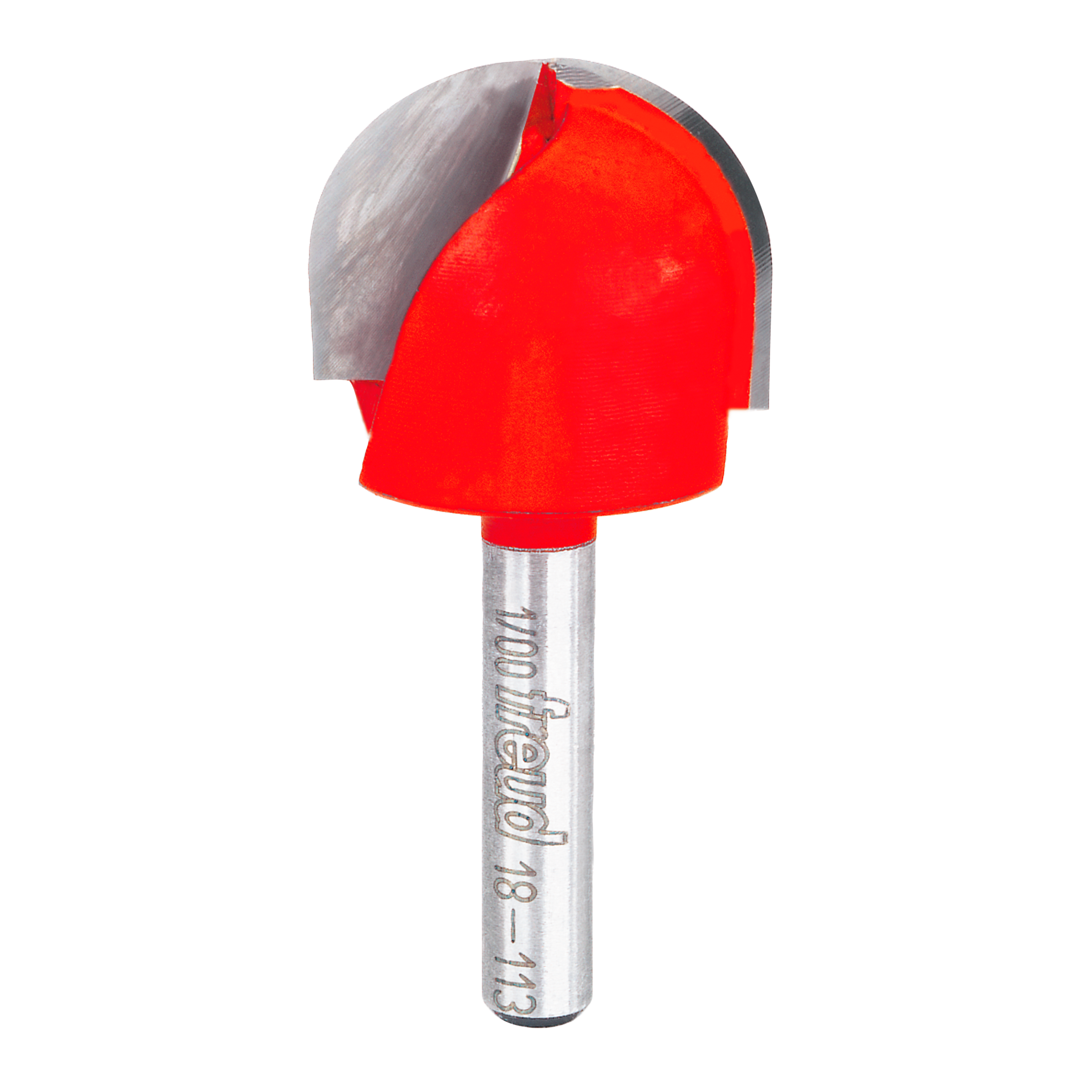 Red round nose router bit with 1/2" radius and gray metal shank labeled Freud.