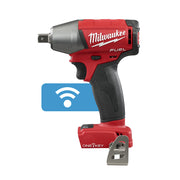Milwaukee M18 FUEL compact impact wrench with red and black body, gray head, black grip, and pin detent socket attachment sho