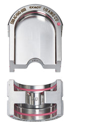 Milwaukee EXACT 1/0 copper U-style die with two curved metal pressing surfaces and pink guide bands.