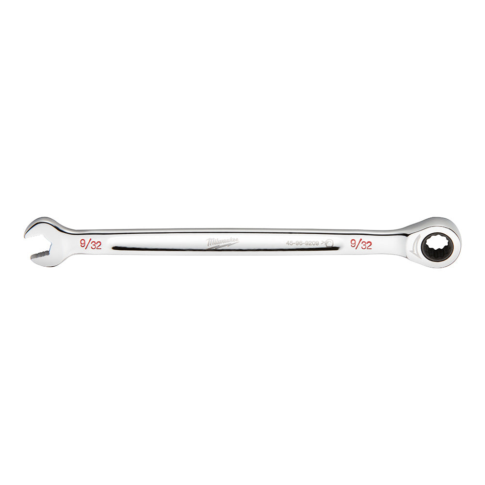 Silver ratcheting combination wrench with open end on left and ratchet socket head on right, marked 9/32 on both ends.