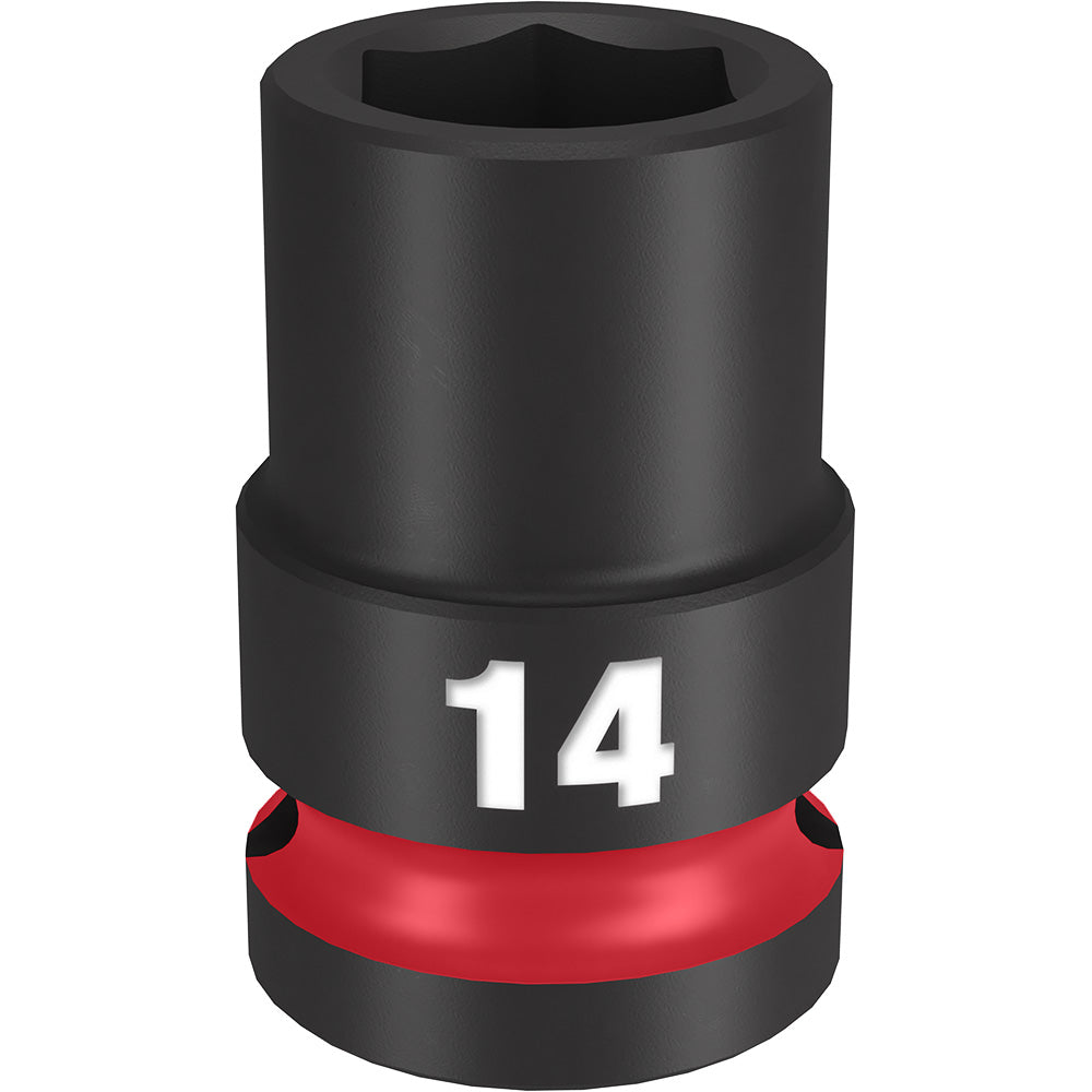 Black 14MM 1/2" drive socket with six-point opening and red grip band marked "14".