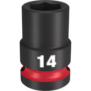 Black 14MM 1/2" drive socket with six-point opening and red grip band marked "14".