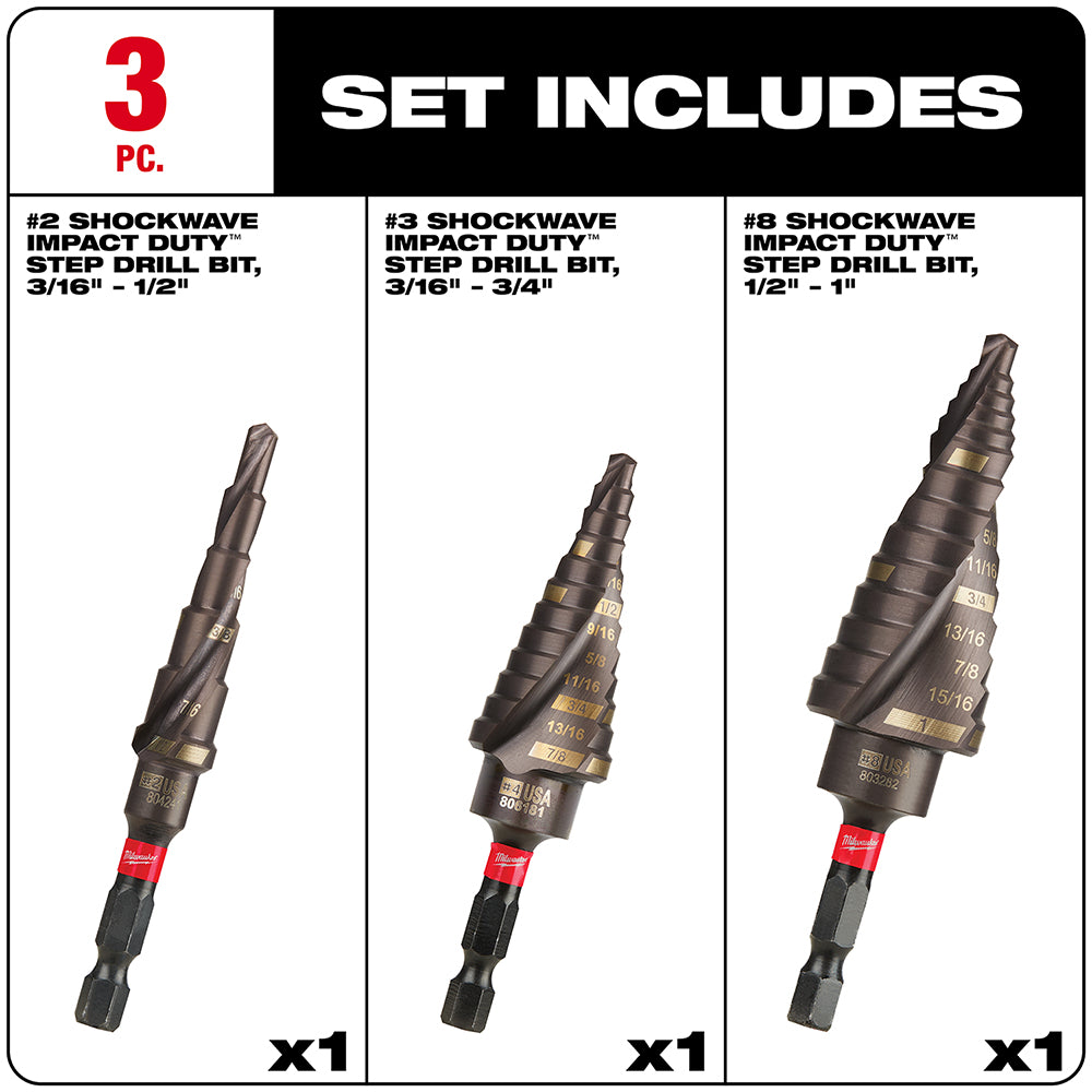 Three Milwaukee Shockwave Impact Duty step drill bits with gold markings and red collar bases, showing sizes #2, #3, and #8.