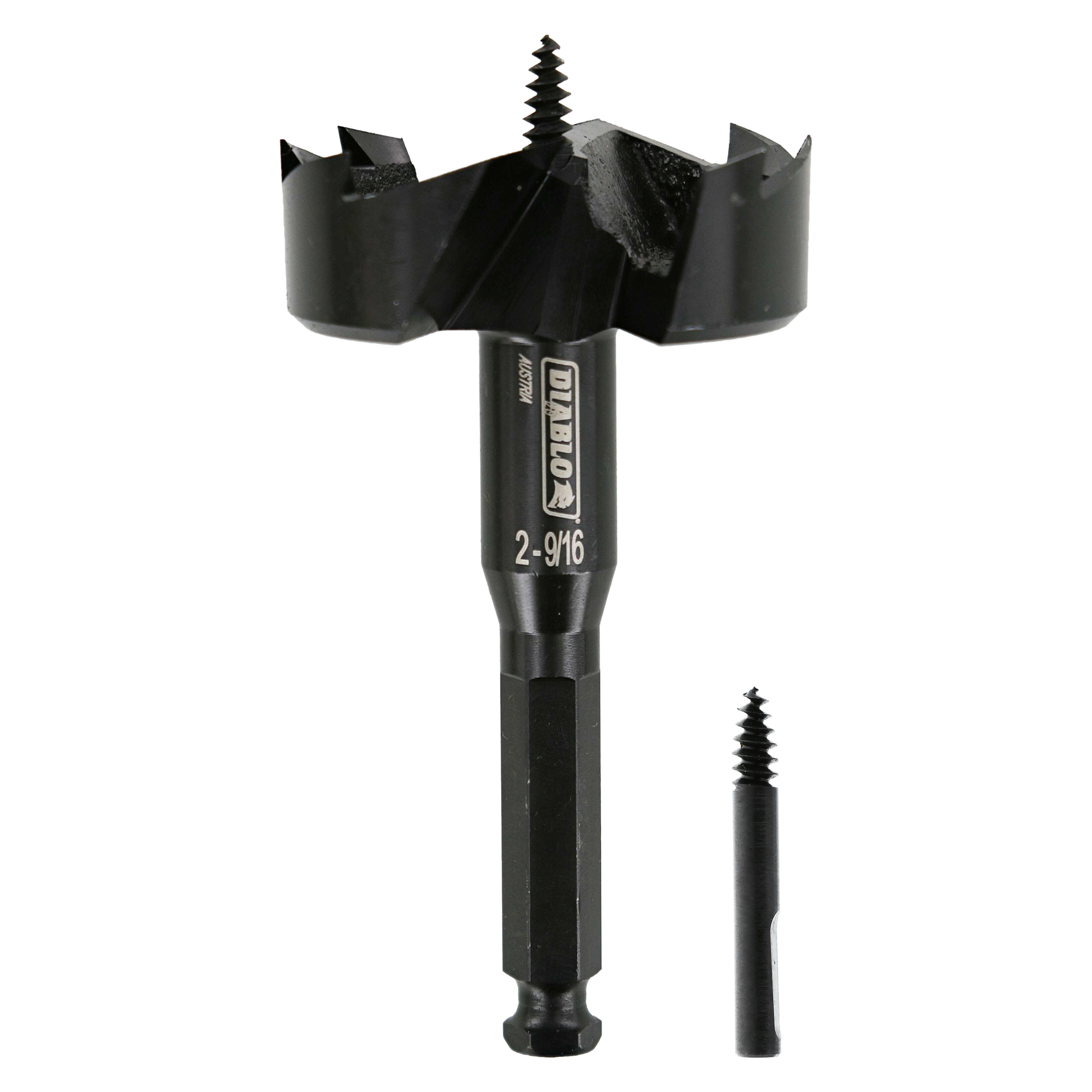 Black Diablo self-feed drill bit with wide cutting head and center auger point, shown with smaller replacement bit.