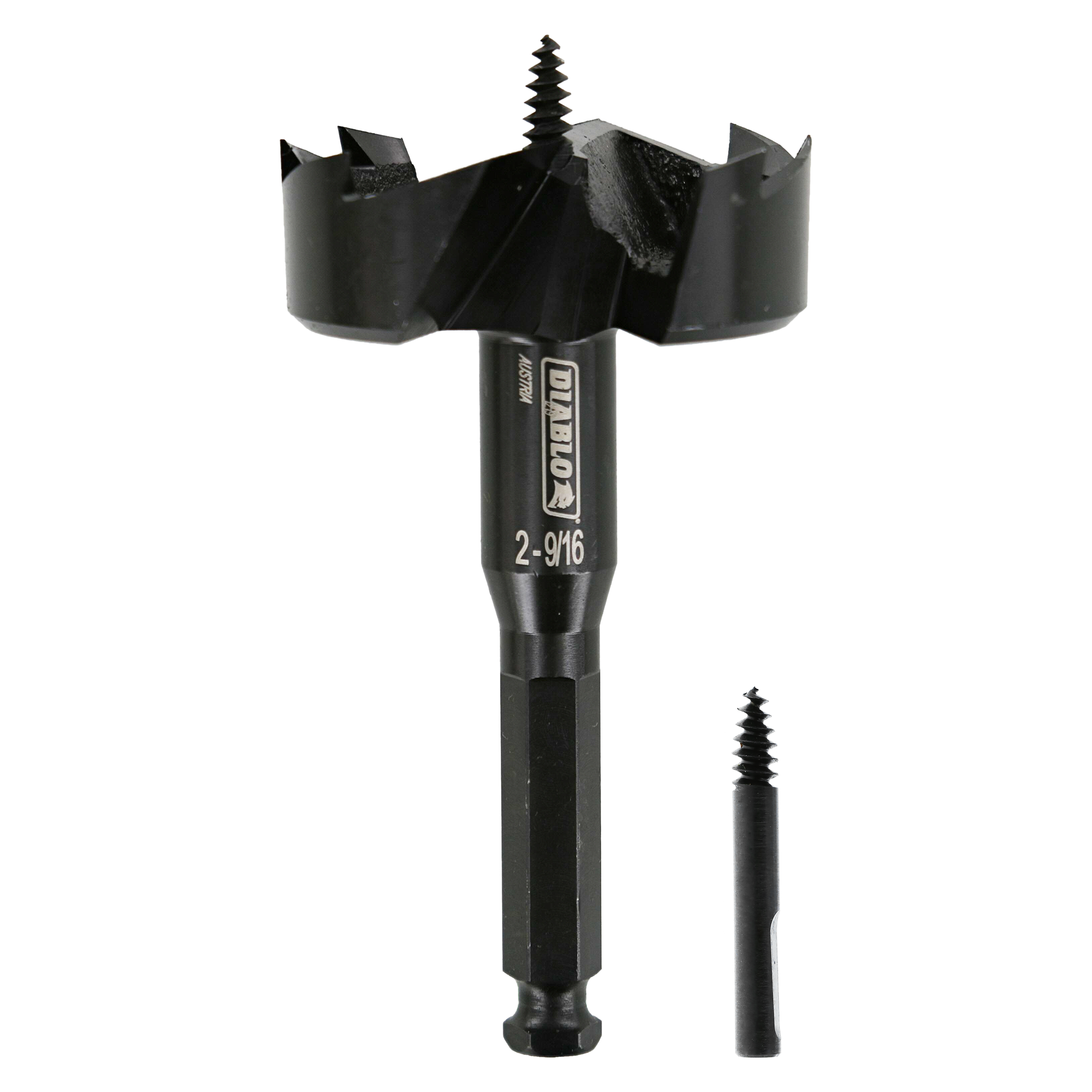 Black self-feed drill bit with wide cutting head and centered screw point, shown with size reference bit.