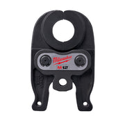 Black Milwaukee M12 FORCE LOGIC press jaw with circular opening and two adjustment knobs on gray band.
