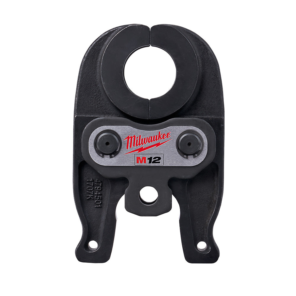 Black Milwaukee M12 FORCE LOGIC press jaw with circular opening and two adjustment knobs on gray band.