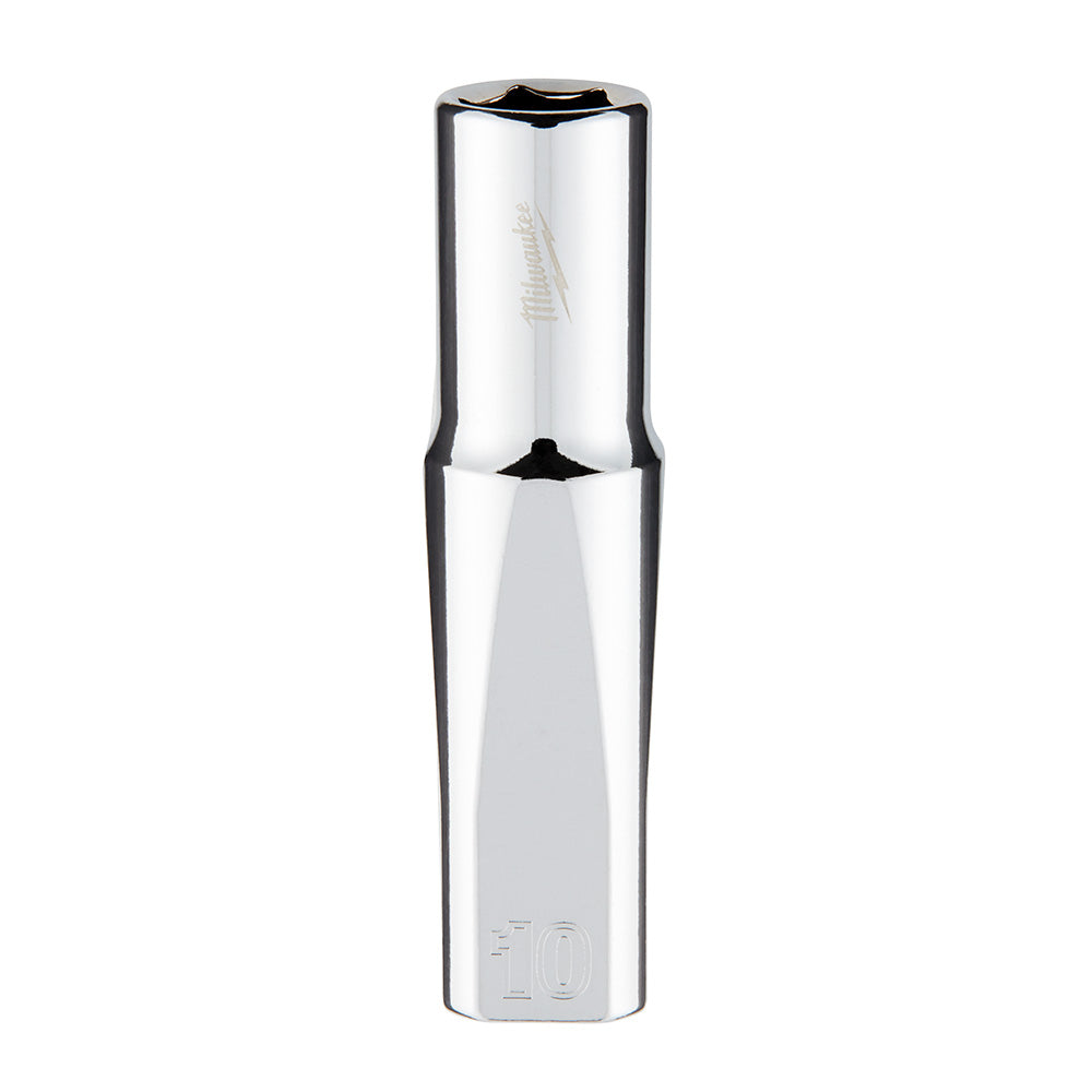 Polished chrome deep socket with 6-point opening and "10" marking on lower end.