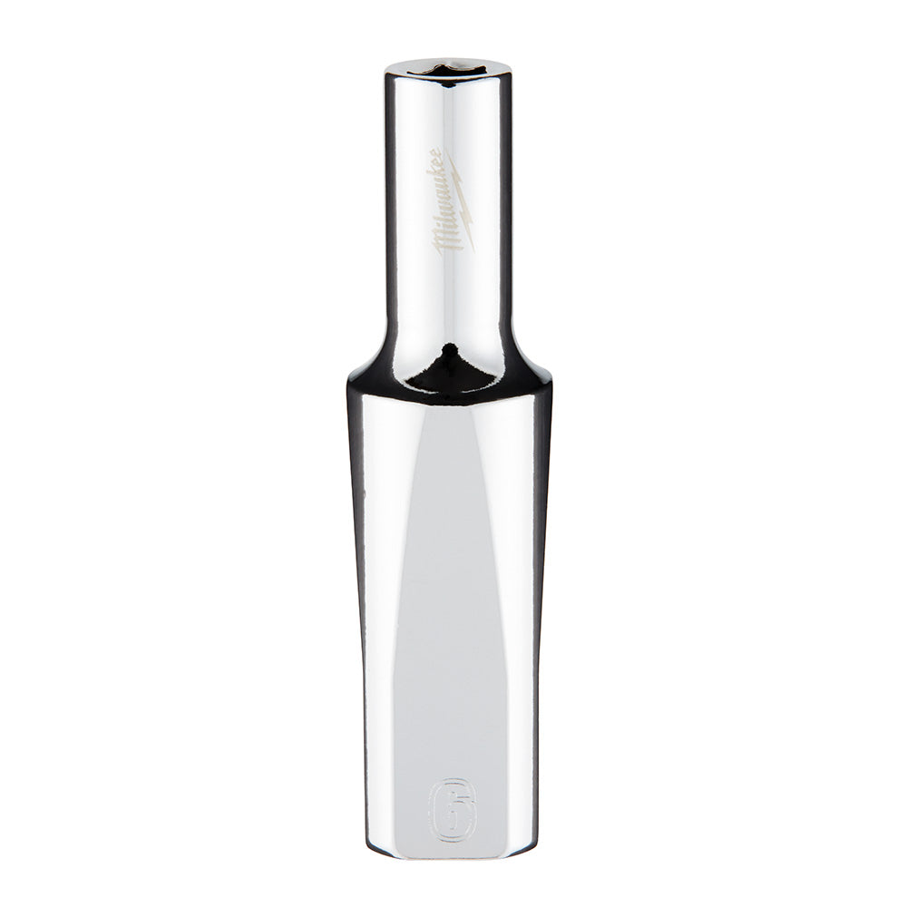 Chrome 3/8 inch drive deep socket with 6-point hexagonal opening and black grip band.
