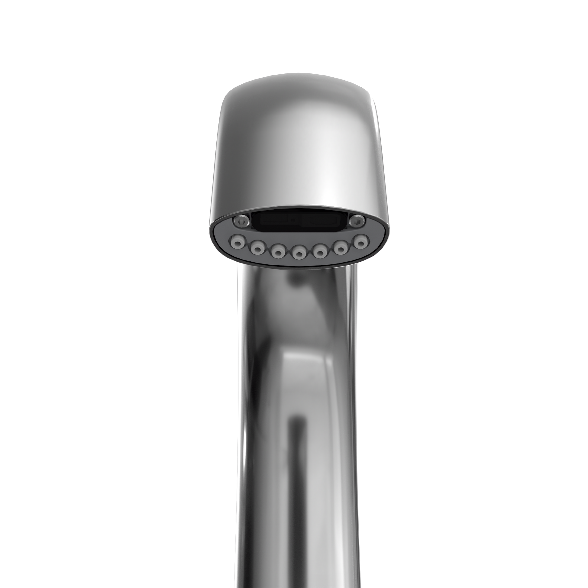 Polished chrome gooseneck vessel faucet with rounded spout and black aerator ring with multiple spray holes.