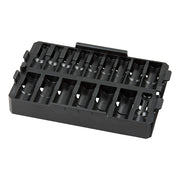 Black plastic tray with 16 compartments holding metal impact sockets of various sizes.