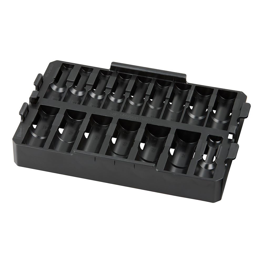 Black plastic tray with 16 compartments holding metal impact sockets of various sizes.