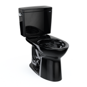 Ebony two-piece elongated toilet with tank and bowl separated, lid open, showing interior basin.