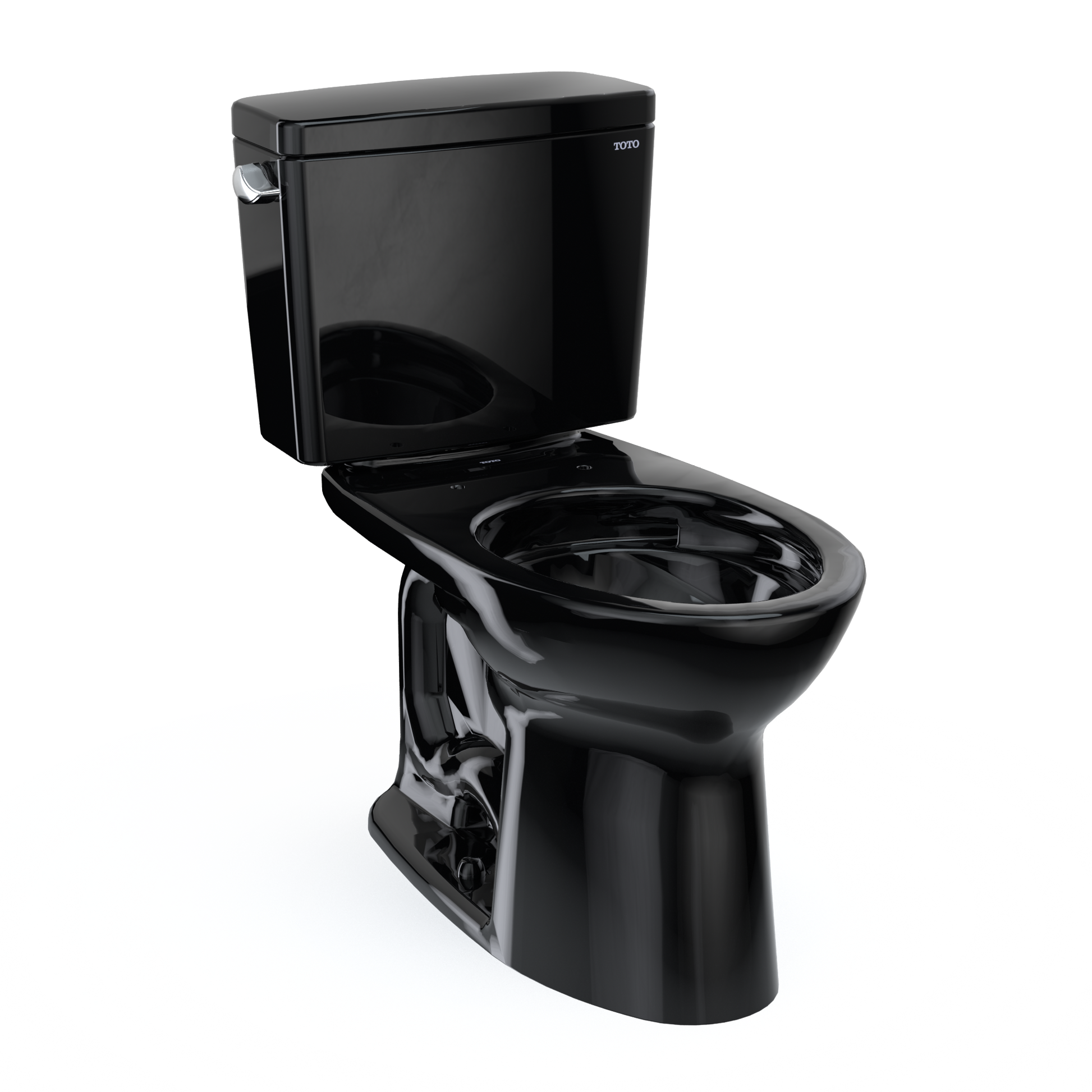 Ebony two-piece elongated toilet with tank and bowl separated, lid open, showing interior basin.