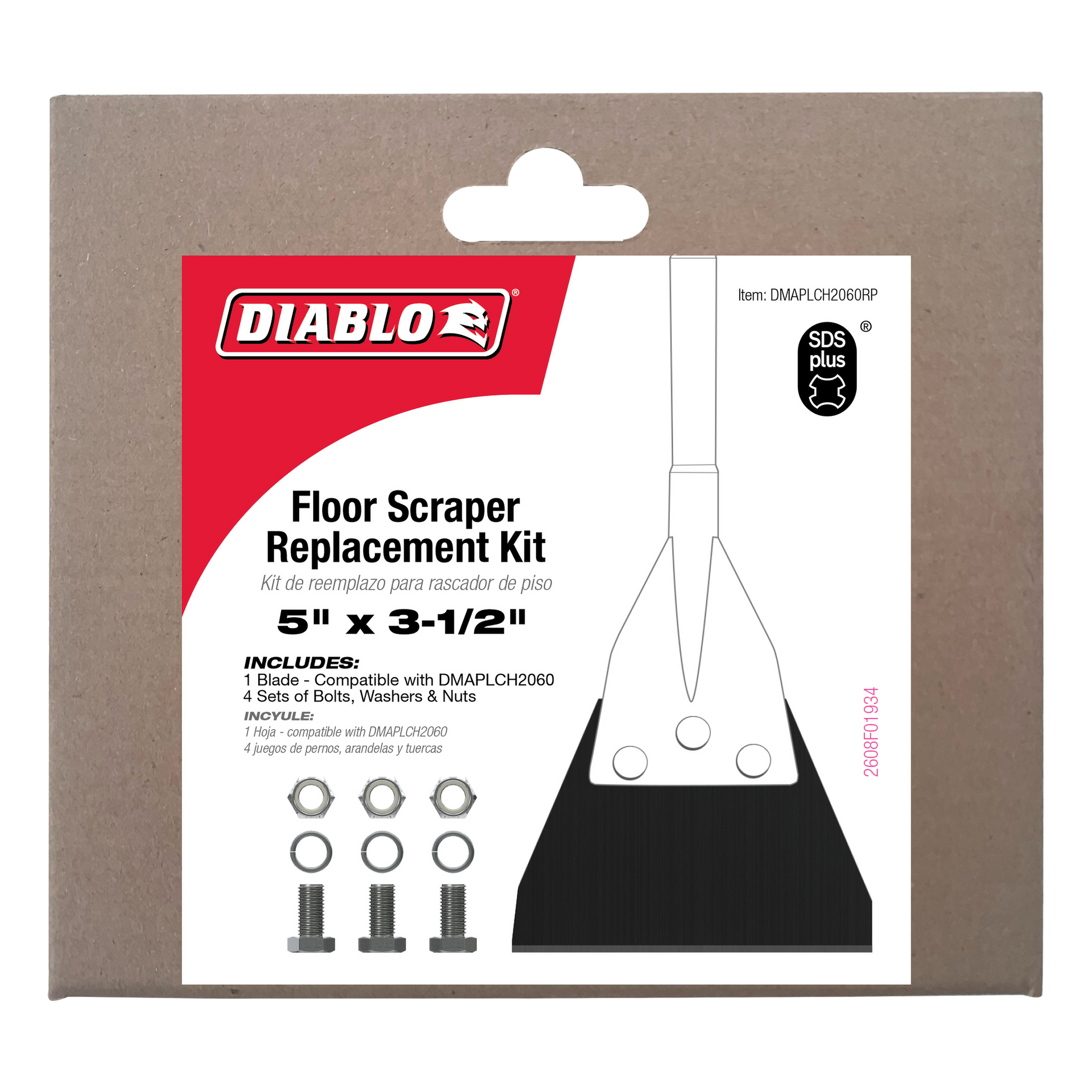 Diablo floor scraper replacement kit package containing 5" x 3-1/2" blade, bolts, washers and nuts for SDS-Plus tool.