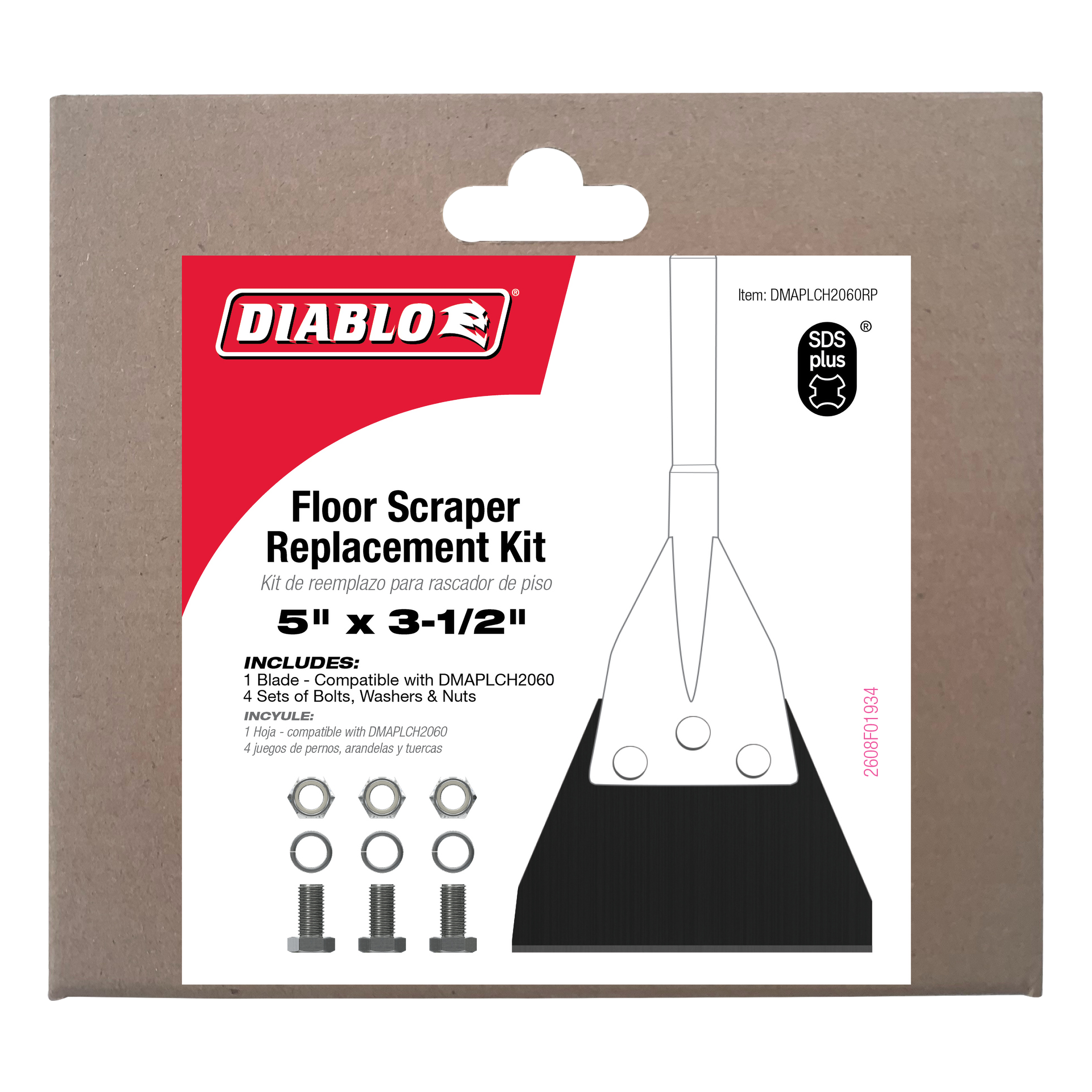 Diablo floor scraper replacement kit package containing 5" x 3-1/2" blade, bolts, washers and nuts for SDS-Plus tool.